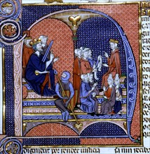 King as judge and two lawyers with their clients, Miniature in 'Vidal Mayor', illuminated manuscr?