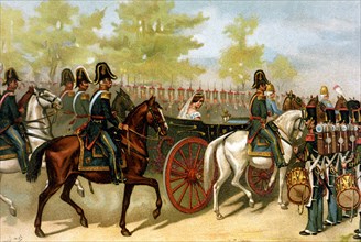 Reign of Elizabeth II (1833 - 1868), review of the troops and the National Militia in Madrid, 1865.