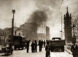 Spanish Civil War 1936-39. Siege of Madrid, houses burned by an air raid near the bridge of Toled?