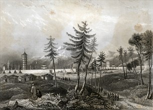 Beijing, illustration with temples and the city, engraving, 1855.