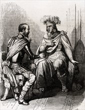 The Emperor of Mexico Moctezuma offers to Hernán Cortés his empire for the king of Spain, engravi?