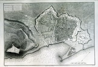 Map of the city of Barcelona, port and Montjuic mountain, engraving by Alexander Laborde, 1808, f?