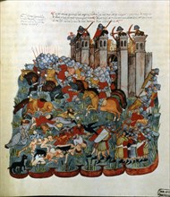 Battle scene, miniature in the Bible of the Alba House, 1430.