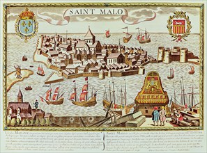 View of the harbor and the fortified city of Saint Malo, located on the coast of Brittany.