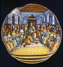 Coronation of Charles V by Pope Clement VII in 1530. Majolica plate of Firenze.