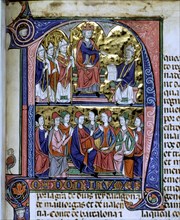Vidal Canellas offering his text to King James I, Miniature in 'Vidal Mayor', illuminated manuscr?
