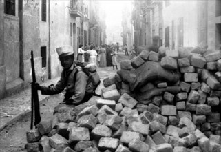 Barricades in the streets of Barcelona during the Tragic Week from 26 to 31 July 1909.