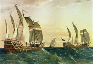 Discovery of America, 'Pinta' 'Niña' and 'Santa Maria' ships sailing towards the coast of the Eas?
