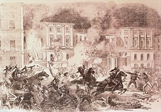 Civil disturbances in Madrid, the insurgents try to burn the palace of Queen Maria Cristina, 1854.