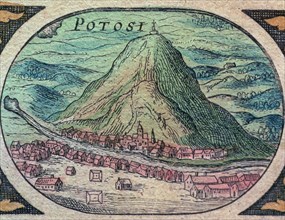 View of the city of Potosí with its famous hill, engraving in 'Nouvel Atlas', 1643.