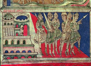 Charlemagne departs from Aachen to Santiago de Compostela, Miniature in the 'Codex Calixtus' Fol.?
