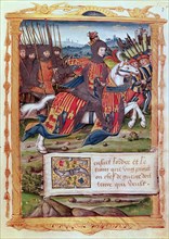 Head of a host riding at the head of a group of pikemen, miniature of a French codex on the art o?