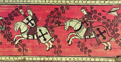 Christian Knights in a fight or sports scene. Painting on wood, possibly Aragonese coffered ceili?
