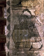 Month of September: making barrels. Fragment of medieval calendar frescoed in the soffit of an ar?