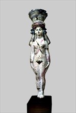 Statuette identified as Hathor - Aphrodite, made in painted terracotta.