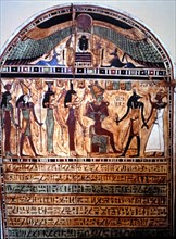 Stela in painted wood from Thebes, representing Anubis leading the deceased before Osiris with Ho?