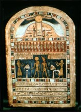 Stela in wood representing the deceased Ba-s-Turefi before the god Atum and Ra-Haharchte, from Th?
