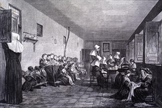 La Paz College in Madrid, classroom and work room of the girls, engraving from 1856.