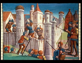 Scene of a battle defending Constantinople, miniature of the incunabula 'Ogier le Danois', printe?