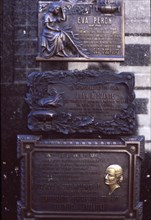 Plaque on the grave of Eva Duarte de Peron 'Evita' (1952-1982), wife of the President of Argentin?