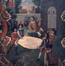Anonymous Mexican painting, with a scene of 'Don Quijote de la Mancha', Sancho Panza tossed in a ?