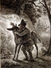 Scene in 'Don Quixote of La Mancha' where Sancho finds his grey horse, French edition, Paris, 182?