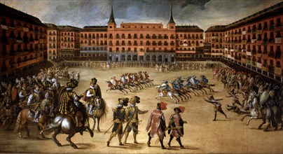 'Party in the Plaza Mayor in Madrid', oil on canvas, h 1623, by Juan de la Corte.