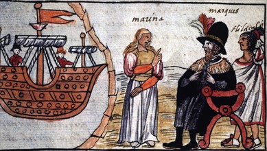 'Hernán Cortés and the Indian Marina (or Malinche)'. Durán Codex, page 202. Engraving.