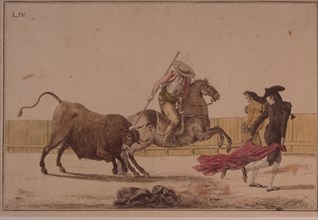 'Suerte de Varas' (Bullfighting stage), colored engraving by Antonio Carnicero.