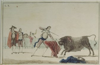 'Suerte de Matar' (Bullfighting stage), colored engraving by Antonio Carnicero.
