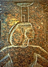Bas-relief of a funerary sarcophagus of Ramesses III with the image of goddess Isis, made in gran?