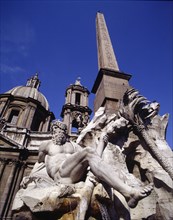 Detail of the Fountain of the Rivers, by Bernini, at Piazza Navona in Rome.