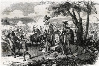 Hernán Cortés in the Battle of Otumba (Mexico) on July 7, 1520, etching, 1862.