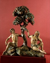 Wood carving representing 'The Dream of paradise with Adam and Eve'.