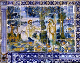 Tile panel with Adam and Eve in the paradise.