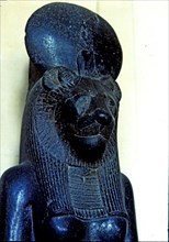 Goddess Sekhmet represented with lioness head, made in diorite, detail of the top, from Thebes, A?