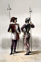 Infantry. Year 1504. Soldier of the Halberdiers Guard of the Kings. Engraving from 1851.