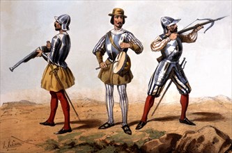 Reign of Catholic Kings. Infantry, 1504, soldier of the Colunelas: Gunsmith, kettledrumman and cr?