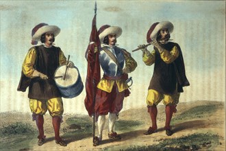 Reign of Philip IV, Infantry, 1632, soldiers of the Corps of Flanders: Drum, standard-bearer and ?