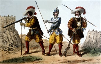 Reign of Philip IV (1621-1665), soldiers (1632) of the Corps of Flanders: Musketeer, pikeman and ?
