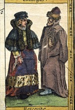 Muscovites types, colored engraving from the book 'Le Theatre du monde' or 'Nouvel Atlas', 1645, ?