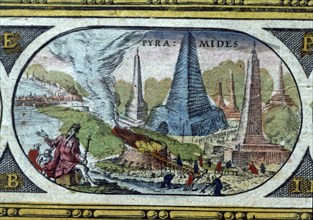 The pyramids, colored engraving from the book 'Le Theatre du monde' or 'Nouvel Atlas', 1645, crea?