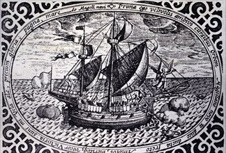 Engraving showing the ship Victoria with which Magellan circumnavigated the Earth between 1519 an?