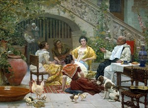 Social gathering in the courtyard', oil by Eugenio Dumont.