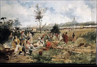Meal in the Meadow of San Isidro in Madrid', oil by Eugenio Lucas Villaamil.