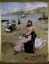 On the Beach' by Francisco Miralles, oil, 1882.