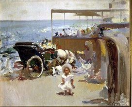 Carriages and child on the beach' by Jose Navarro Llorens, oil between 1908-1912.