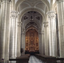 Interior of the Cathedral of Baeza, view of the main nave and altar.