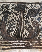 Tile depicting a boat with slaves, Paterna socarrat.