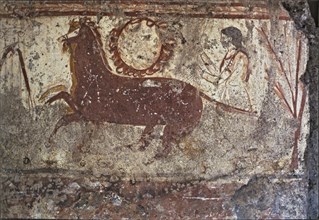 Fresco depicting a woman with two horses in a Lucan tomb at Paestum.